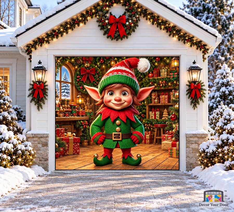 Smiling Elf Delight garage door cover — One Car Front