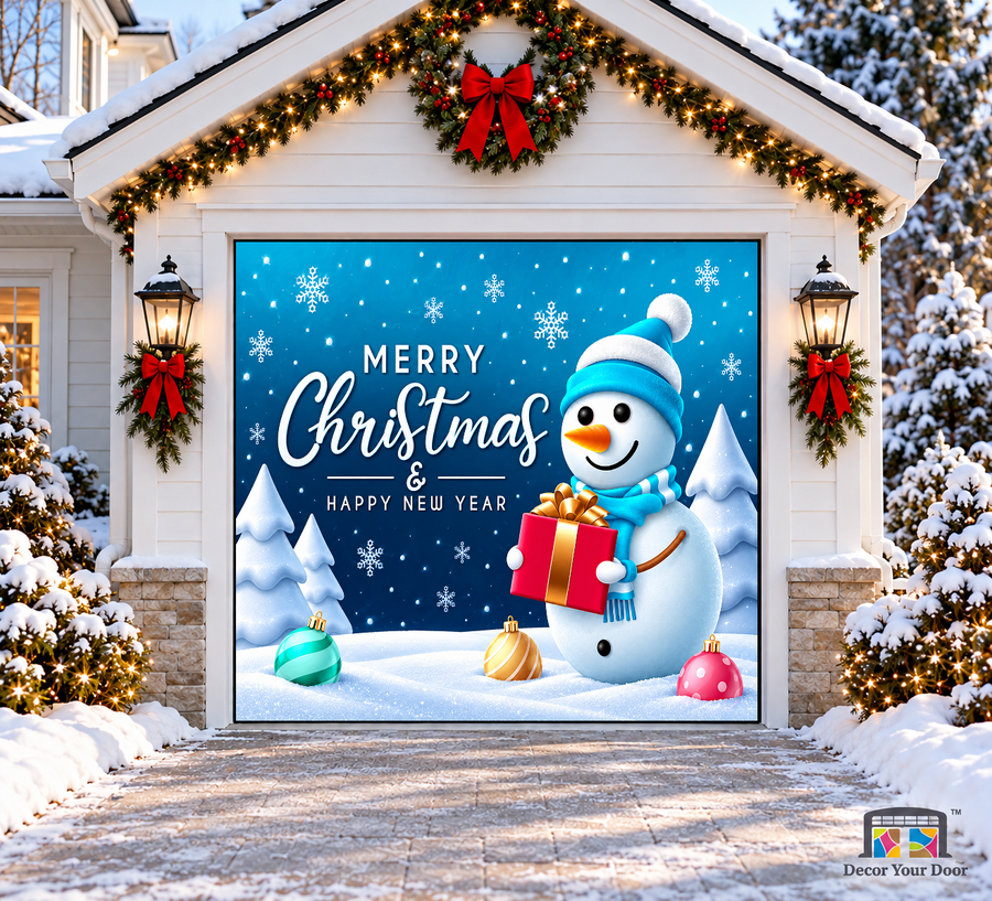 Snowman Christmas & New Year Garage Door Cover — one-car garage front view