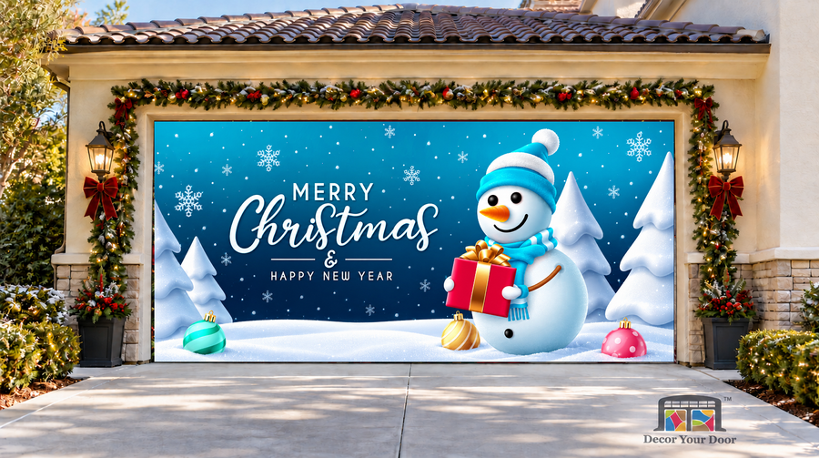Snowman Christmas & New Year Garage Door Cover — two-car garage front view