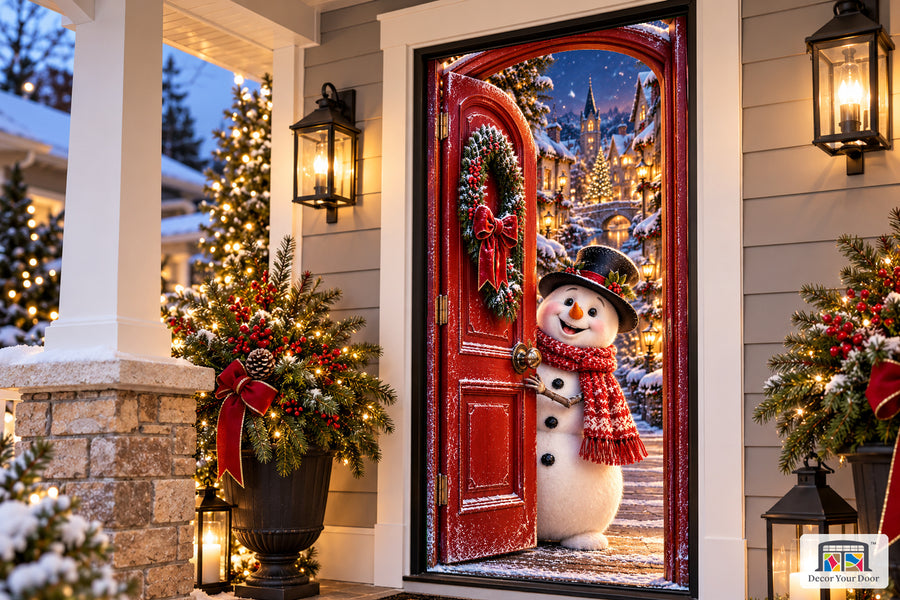 Snowman Village Welcome Front Door Cover on the approved Christmas porch, angled view with complete illustrated door.