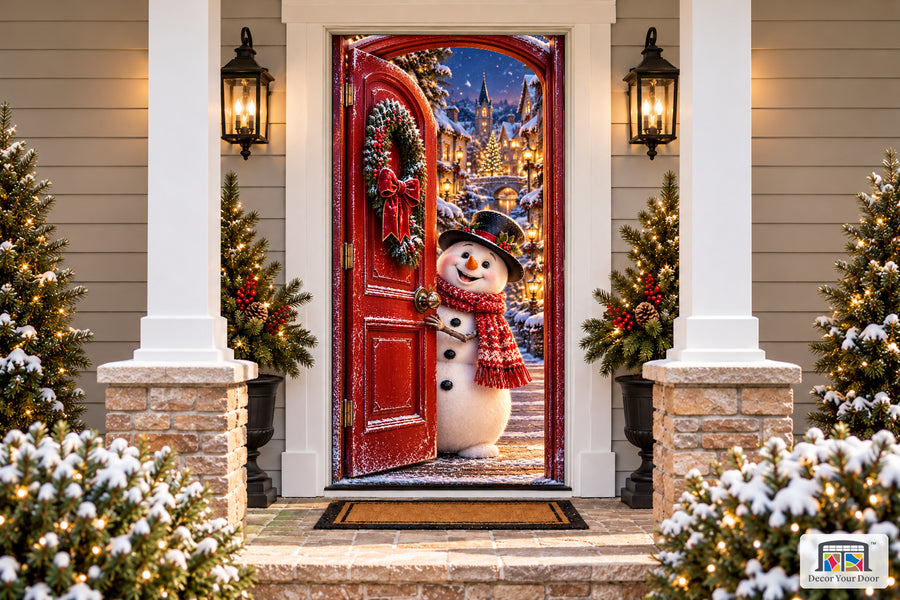 Snowman Village Welcome Front Door Cover printed 3D door illusion on a snowy Christmas porch, front view.