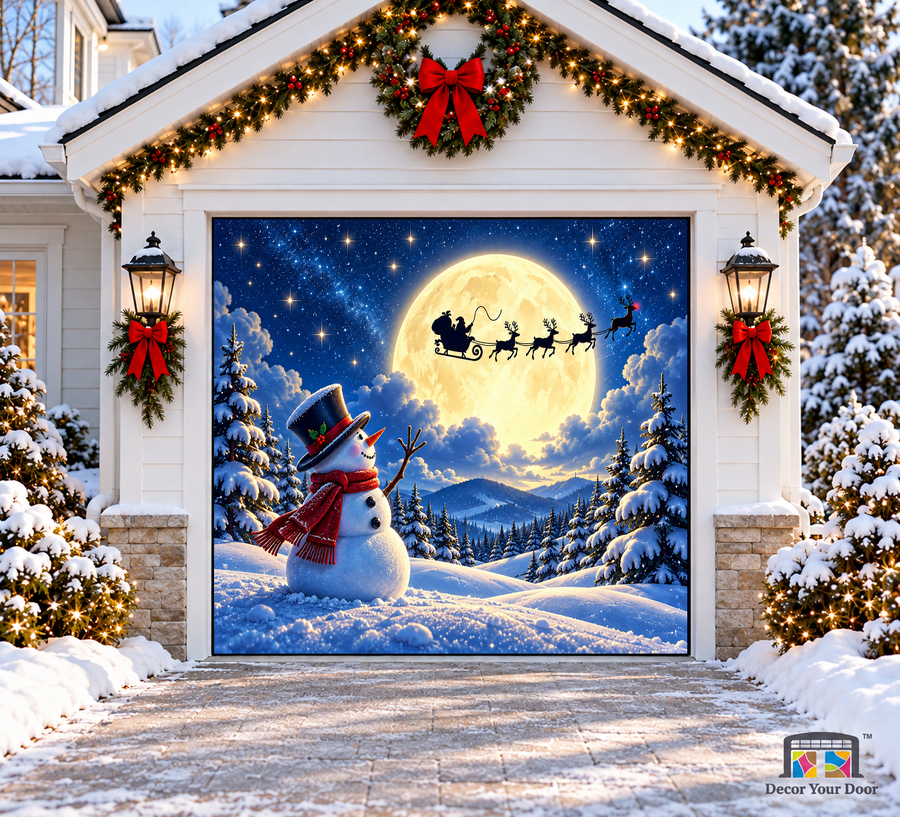 Snowman Waving to Santa Christmas Garage Door Cover — one-car garage front view