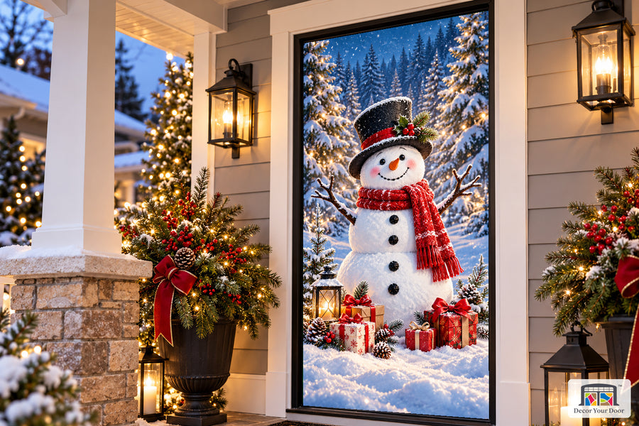 Snowman Welcome Front Door Cover on the approved Christmas porch, angled view.