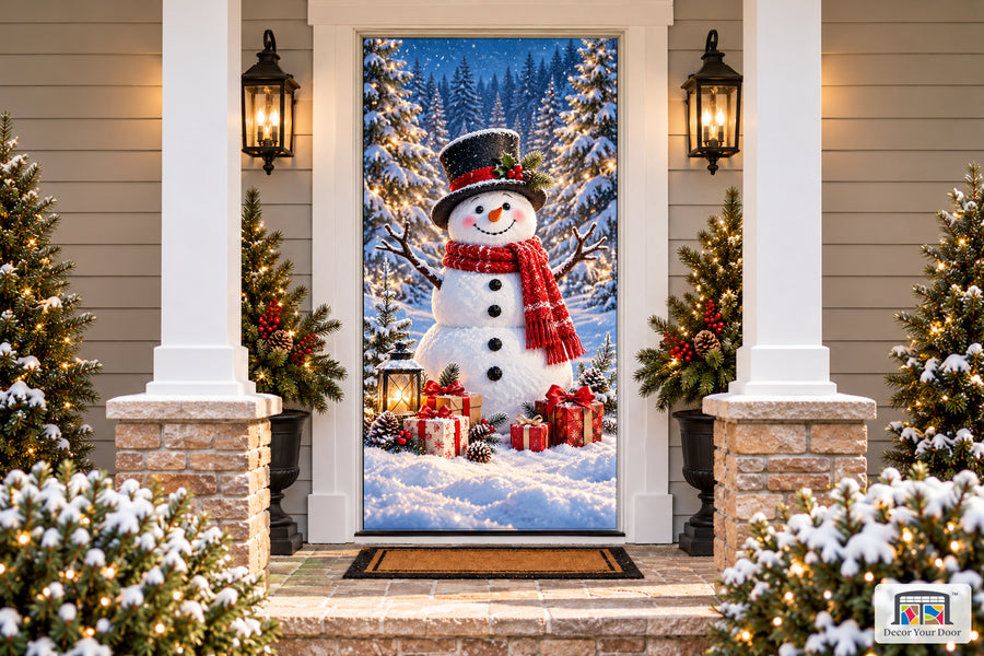 Snowman Welcome Front Door Cover on a snowy Christmas porch, front view.