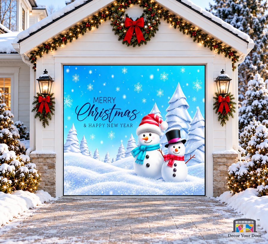 Snowman Wonderland Christmas Garage Door Cover — one-car garage front view