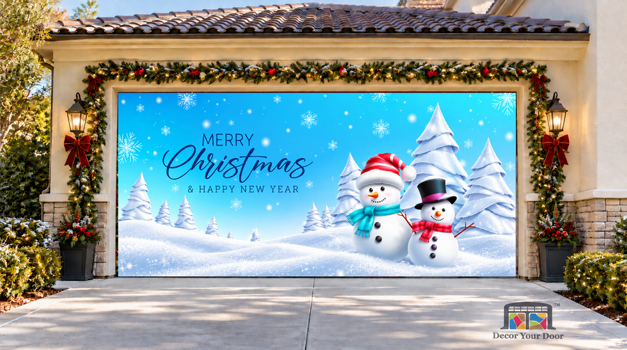 Snowman Wonderland Christmas Garage Door Cover — two-car garage front view