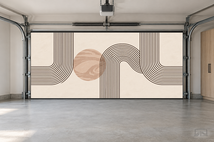 Soft Geometry Flow interior garage door cover — two-car front view