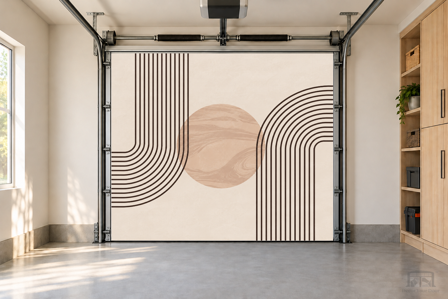 Soft Geometry Flow interior garage door cover — one-car front view