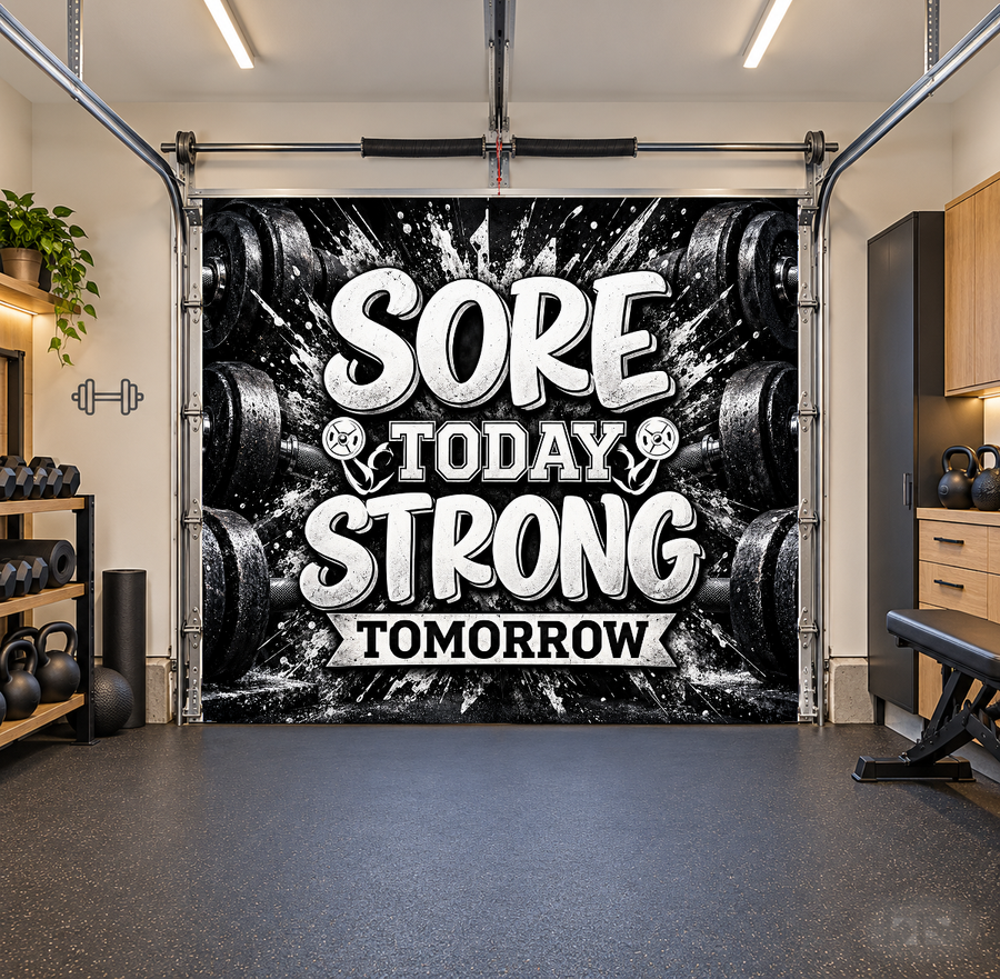 Sore Today Strong Tomorrow interior garage door cover — one car front