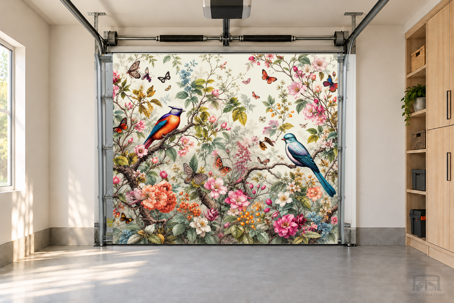 Spring Harmony Birds interior garage door cover — one-car garage front view