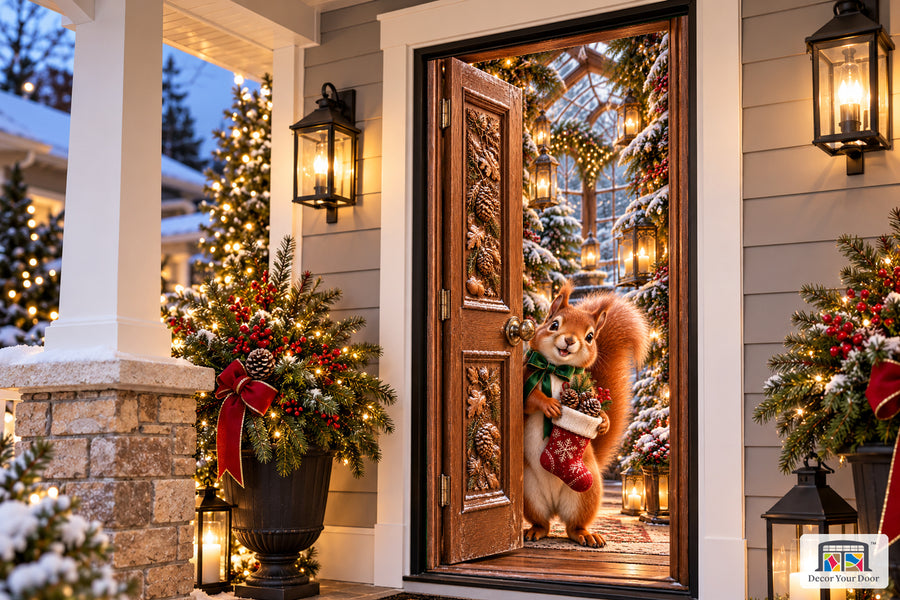 Squirrel Christmas Stocking Front Door Cover on the approved Christmas porch, angled view with complete illustrated door.