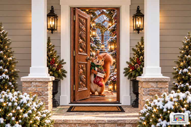Squirrel Christmas Stocking Front Door Cover printed 3D door illusion on a snowy Christmas porch, front view.