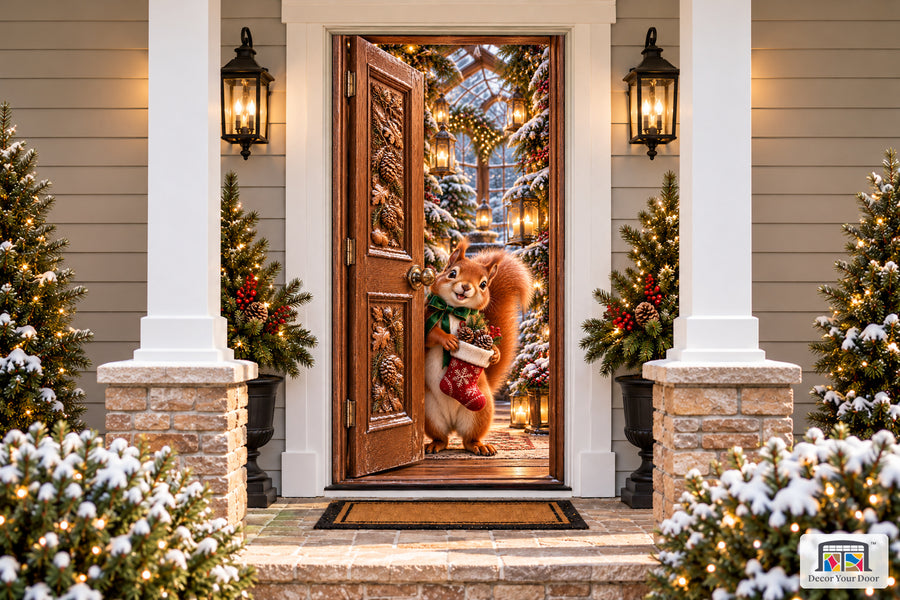Squirrel Christmas Stocking Front Door Cover printed 3D door illusion on a snowy Christmas porch, front view.