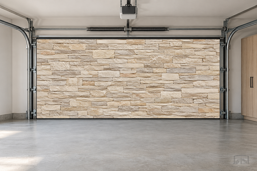 Stacked Stone Wall interior garage door cover — two-car front view
