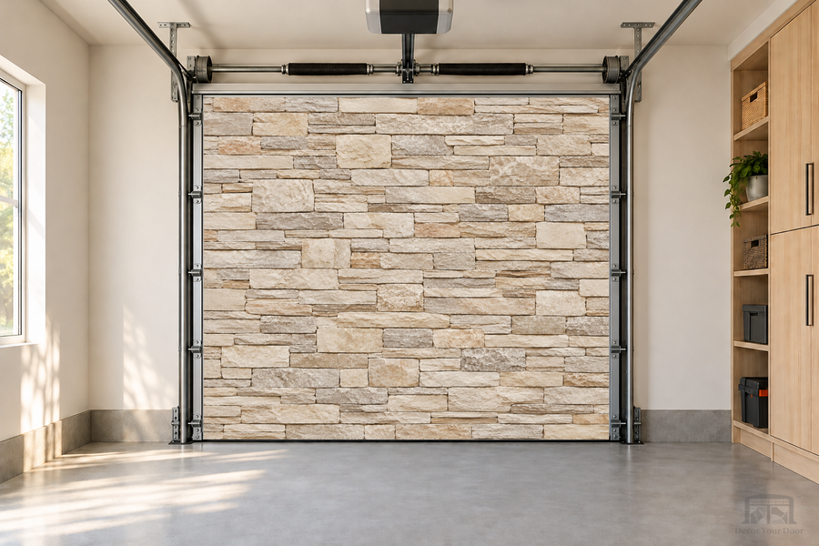 Stacked Stone Wall interior garage door cover — one-car front view