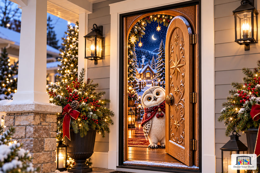 Starry Christmas Baby Owl Front Door Cover on the approved Christmas porch, angled view with complete illustrated door.