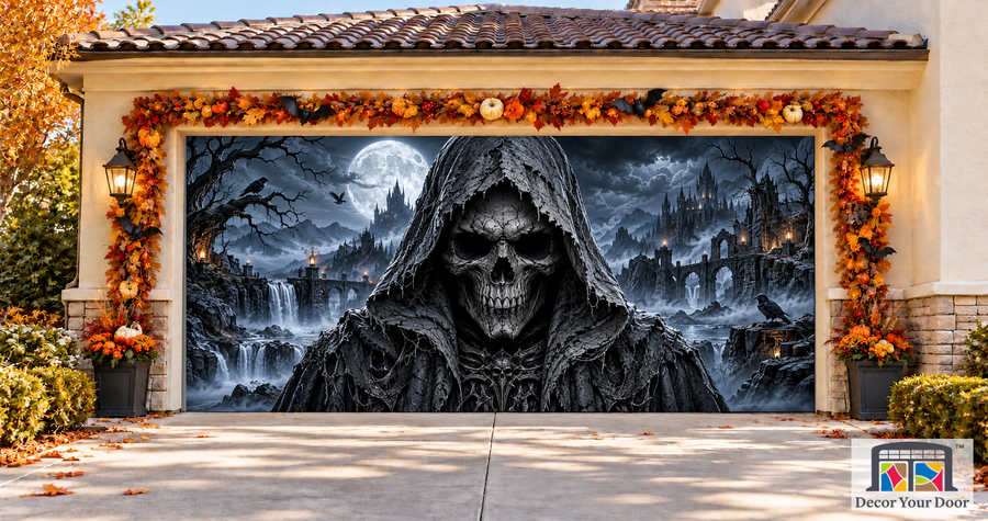 Stone Hood Reaper Halloween garage door cover – Two Car front view