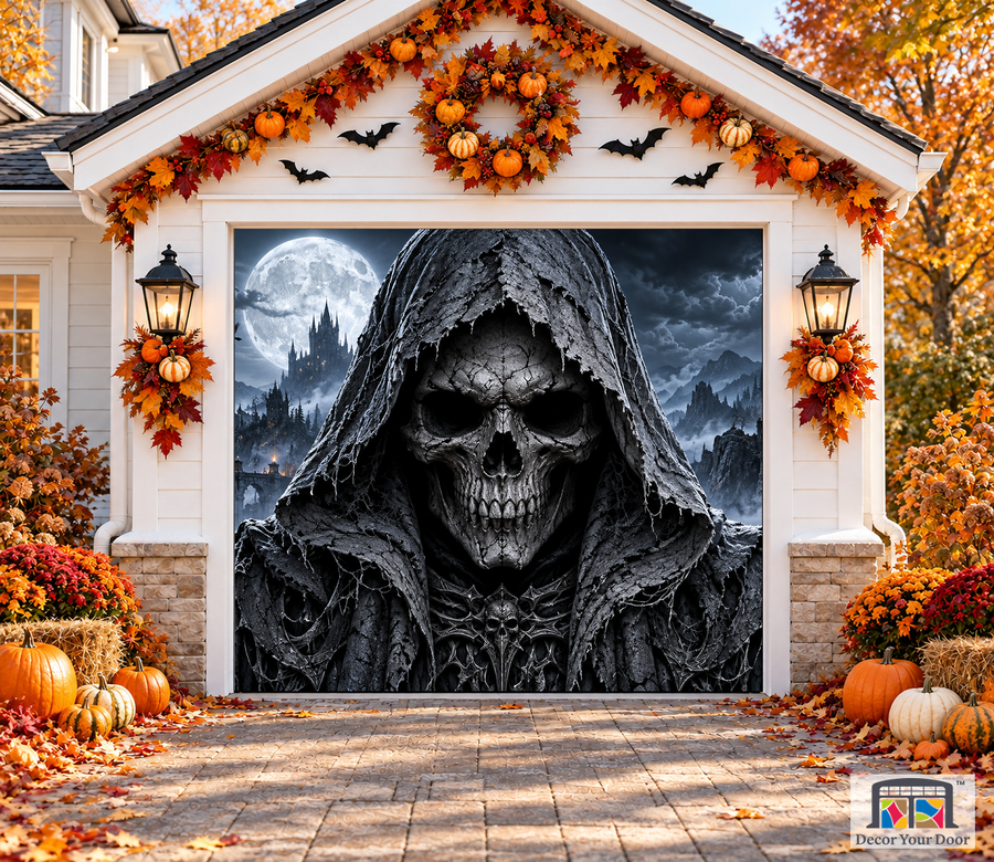 Stone Hood Reaper Halloween garage door cover – One Car front view