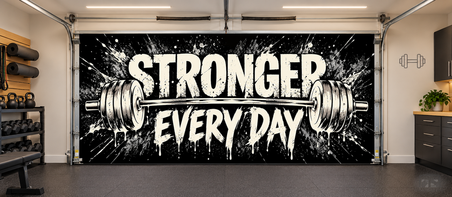 Stronger Every Day interior garage door cover — two car front