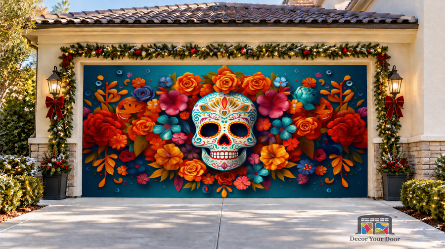 Sugar Skull and Flowers Halloween Garage Door Cover — two-car front view
