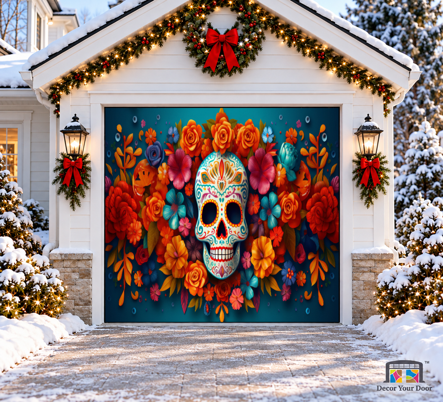 Sugar Skull and Flowers Halloween Garage Door Cover — one-car front view