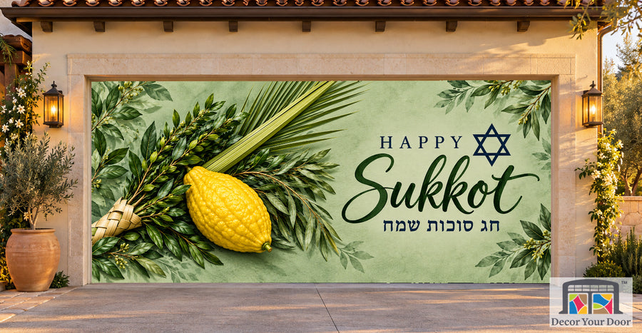 Sage Etrog Elegance Sukkot garage door cover — Mediterranean Courtyard — Two-Car Front