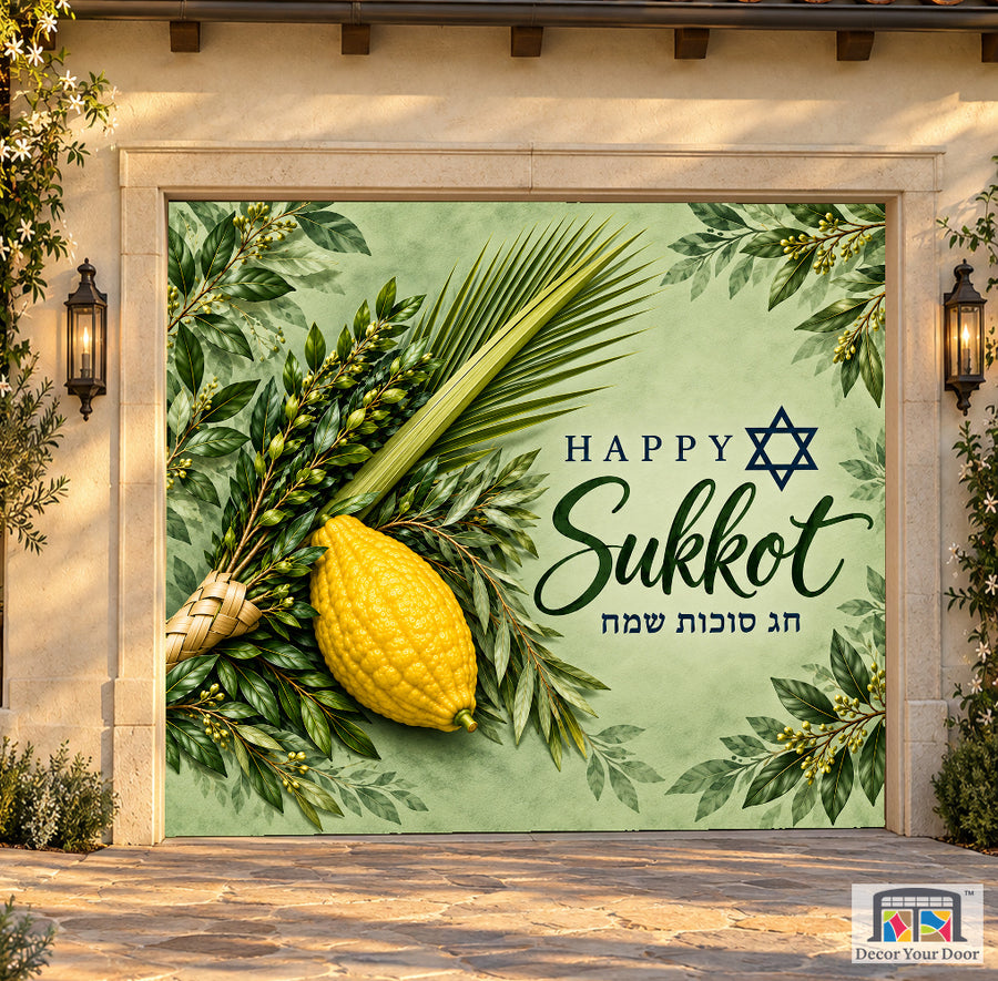 Sage Etrog Elegance Sukkot garage door cover — Garden Cottage — One-Car Front