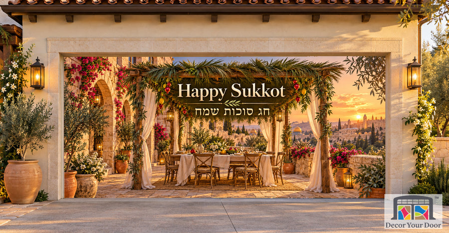 Jerusalem Courtyard Sukkah Sukkot garage door cover — Mediterranean Courtyard — Two-Car Front