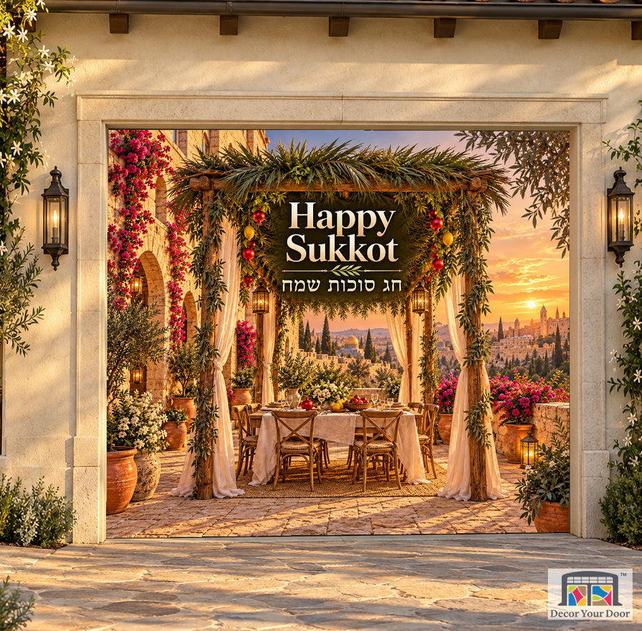 Jerusalem Courtyard Sukkah Sukkot garage door cover — Garden Cottage — One-Car Front