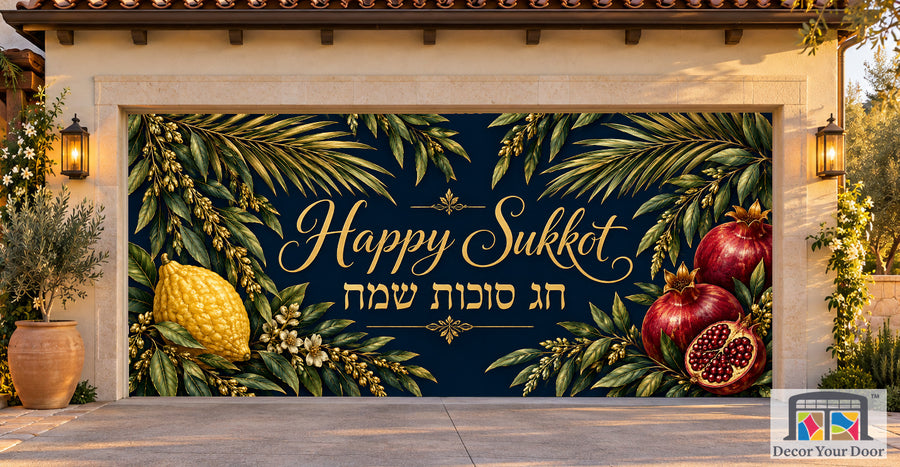 Midnight Gold Harvest Sukkot garage door cover — Mediterranean Courtyard — Two-Car Front