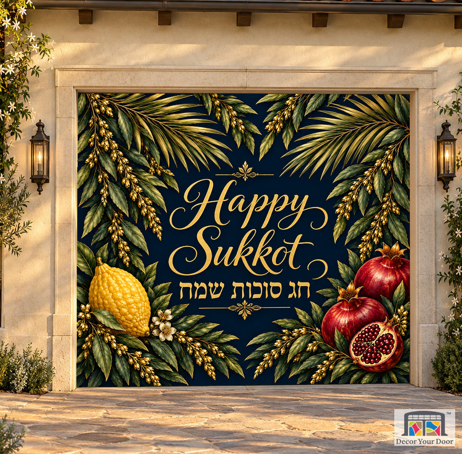 Midnight Gold Harvest Sukkot garage door cover — Garden Cottage — One-Car Front