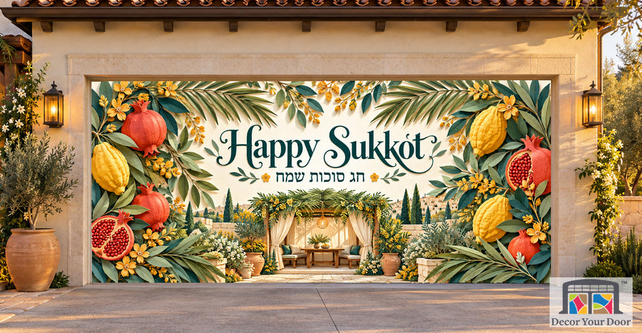 Joyful Paper Garden Sukkot garage door cover — Mediterranean Courtyard — Two-Car Front