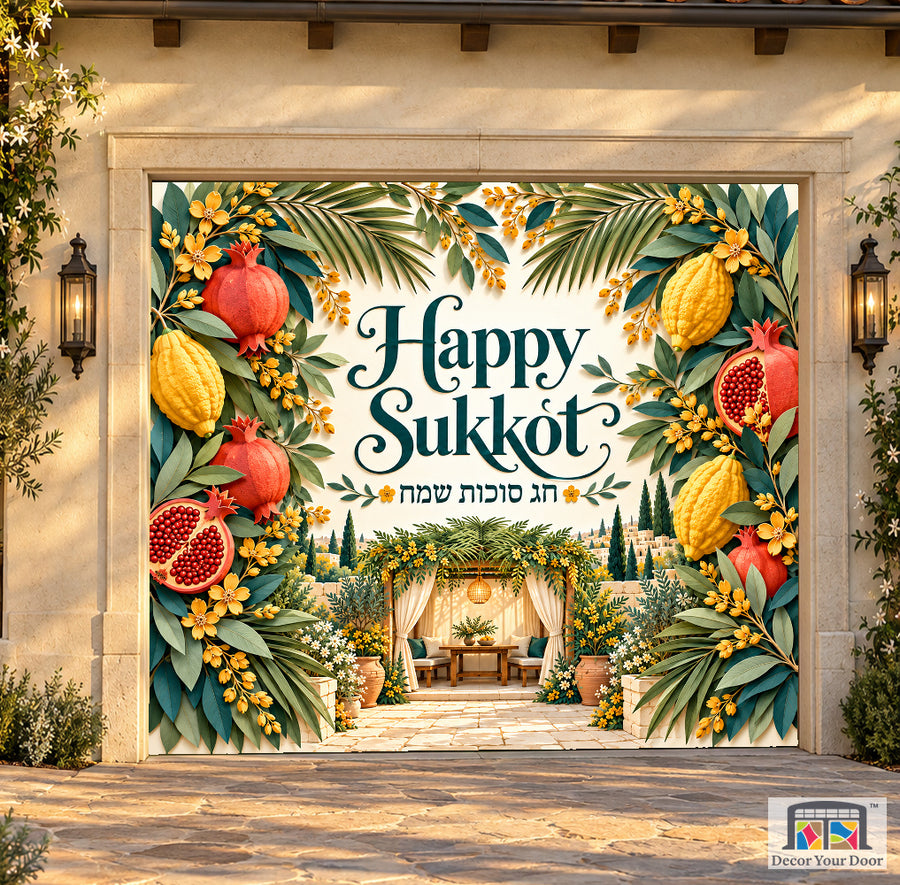 Joyful Paper Garden Sukkot garage door cover — Garden Cottage — One-Car Front