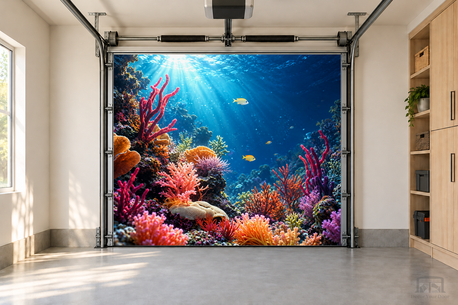 Sunlit Coral Rise interior garage door cover — one-car garage front view