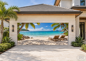 Fondo para banner de puerta de garaje con playa tropical soleada del Caribe con palmeras