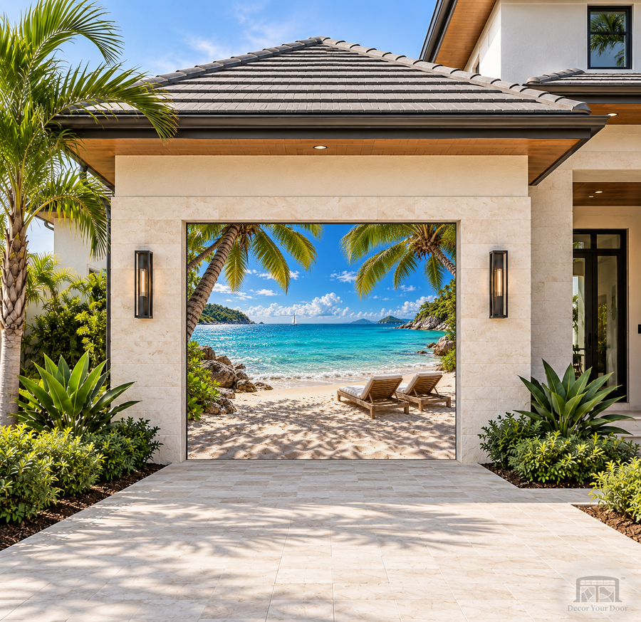 Sunny Caribbean Palm Beach Garage Door Cover — one-car garage front view