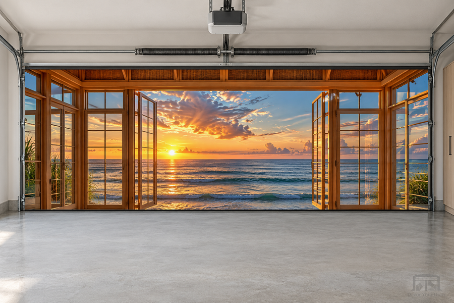Sunset Haven View interior garage door cover — two-car front view