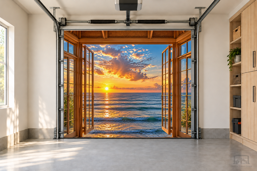 Sunset Haven View interior garage door cover — one-car front view