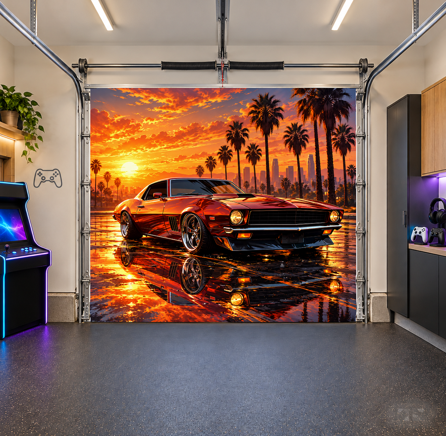 Sunset Muscle Legend interior garage door cover — one car front