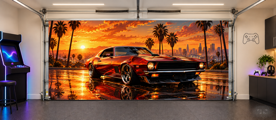 Sunset Muscle Legend interior garage door cover — two car front