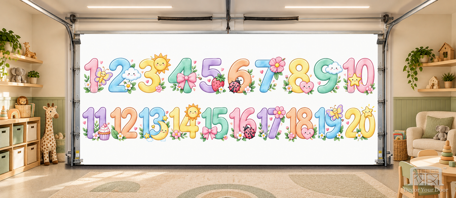 Sweet Numbers 1–20 Learning interior garage door cover — TwoCar-front in a nursery garage playroom