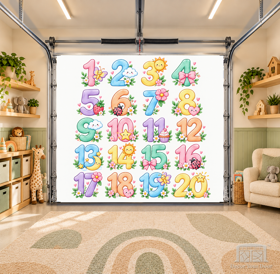 Sweet Numbers 1–20 Learning interior garage door cover — OneCar-front in a nursery garage playroom