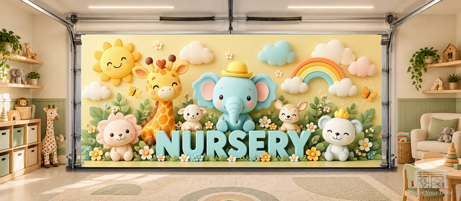Sweet Safari Friends interior garage door cover — TwoCar-front in a nursery garage playroom