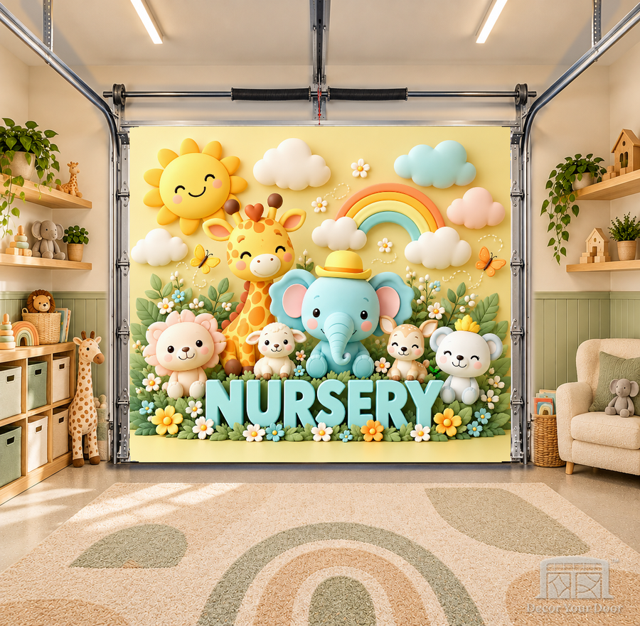 Sweet Safari Friends interior garage door cover — OneCar-front in a nursery garage playroom