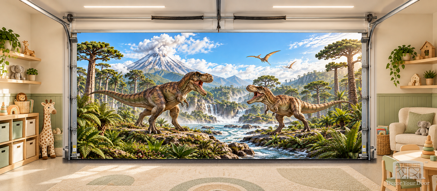 T-Rex Showdown interior garage door cover — TwoCar-front in a nursery garage playroom