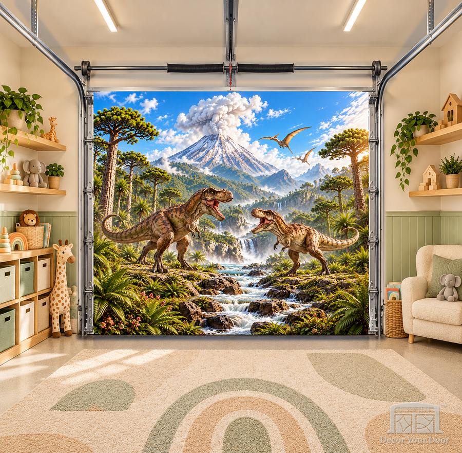 T-Rex Showdown interior garage door cover — OneCar-front in a nursery garage playroom