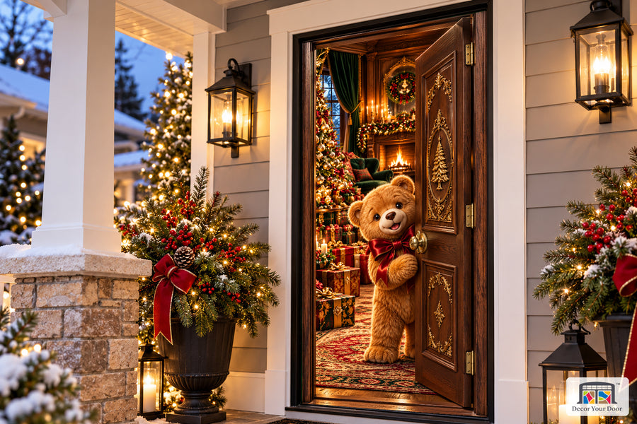 Teddy Bear Christmas Welcome Front Door Cover on the approved Christmas porch, angled view with complete illustrated door.