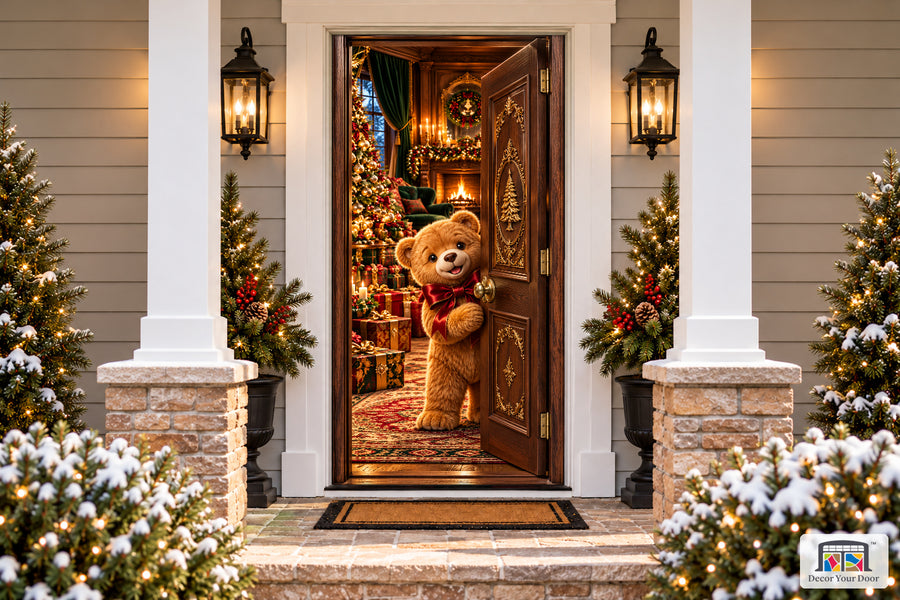 Teddy Bear Christmas Welcome Front Door Cover printed 3D door illusion on a snowy Christmas porch, front view.