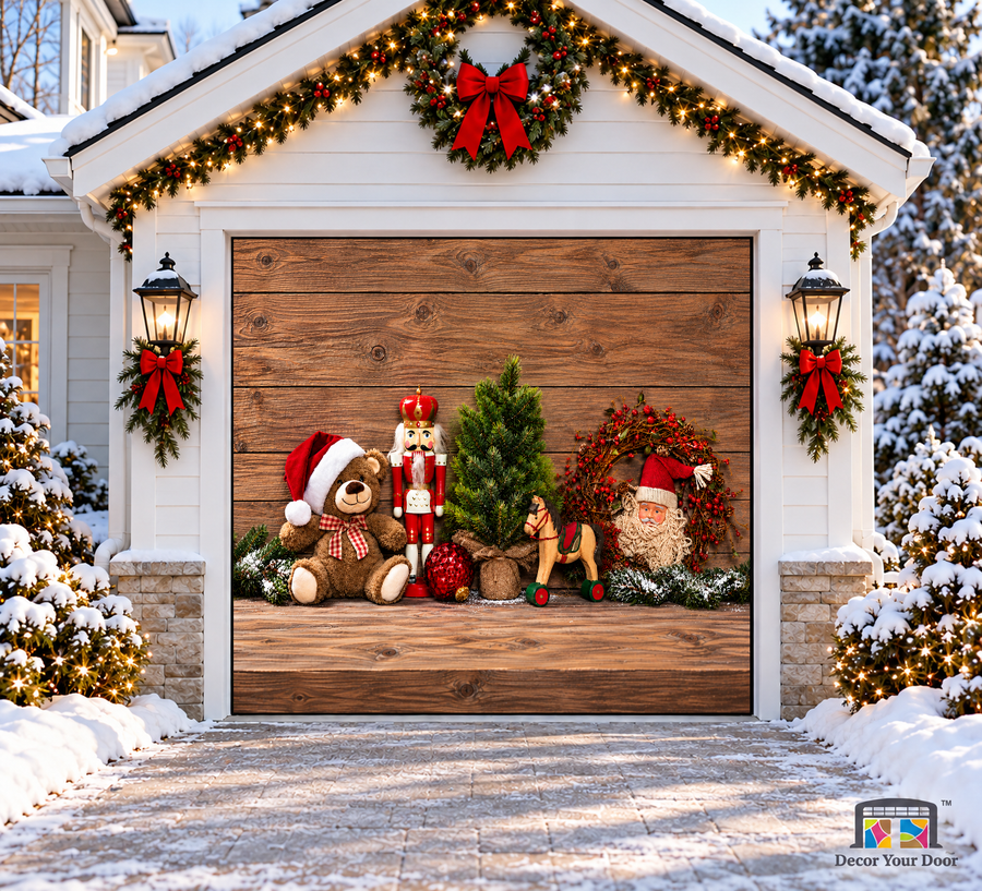 Teddy Bear & Nutcracker Christmas Garage Door Cover — one-car garage front view