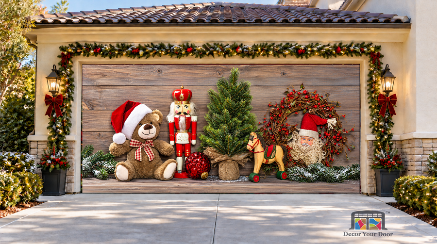 Teddy Bear & Nutcracker Christmas Garage Door Cover — two-car garage front view